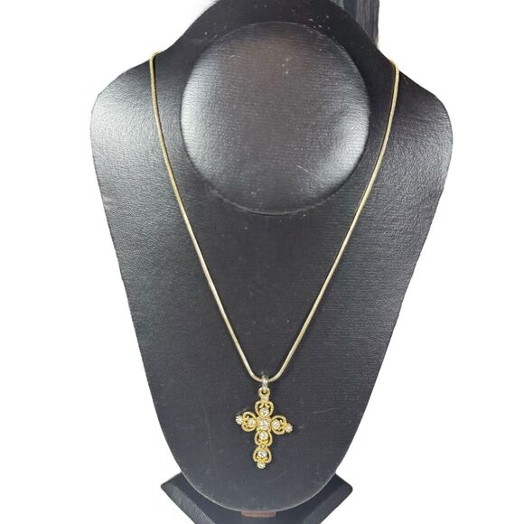 Yellow Gold Plated Women's Cubic Zirconia Delicate Cross Pendant Necklace - Picture 2 of 7